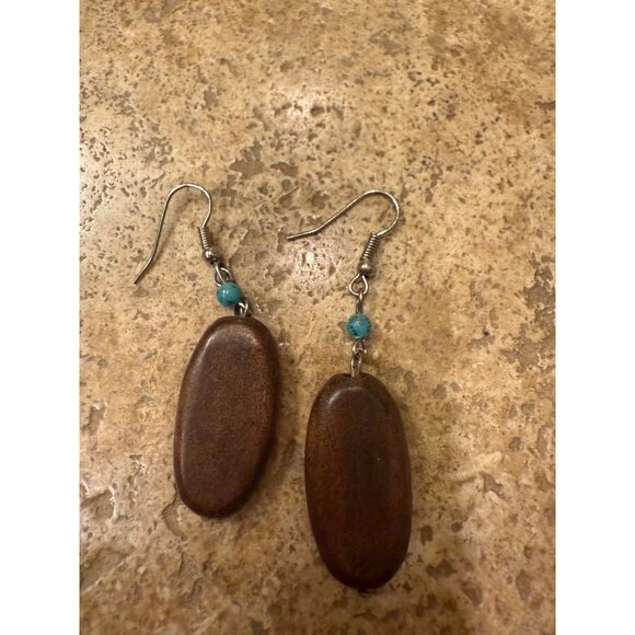 Set Of 2 Pairs Of Earrings: Boho Chic Turquoise Bead Hoops & Brown Wood Dangle E - Picture 3 of 3